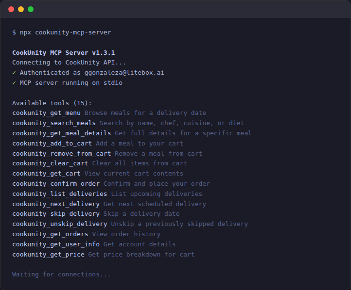 CookUnity MCP Server running in the terminal