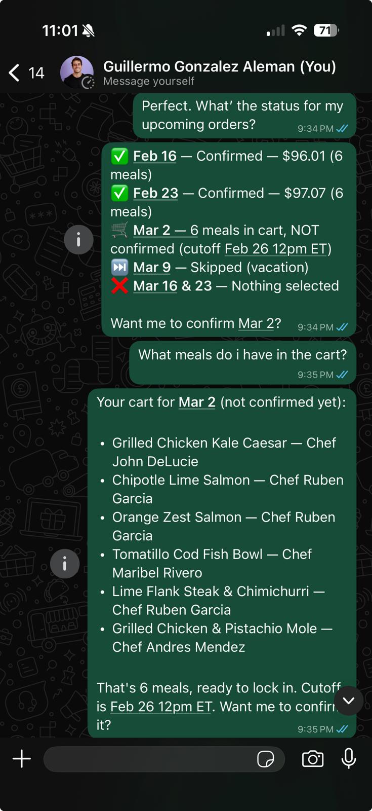 Ordering meals through WhatsApp using the CookUnity MCP